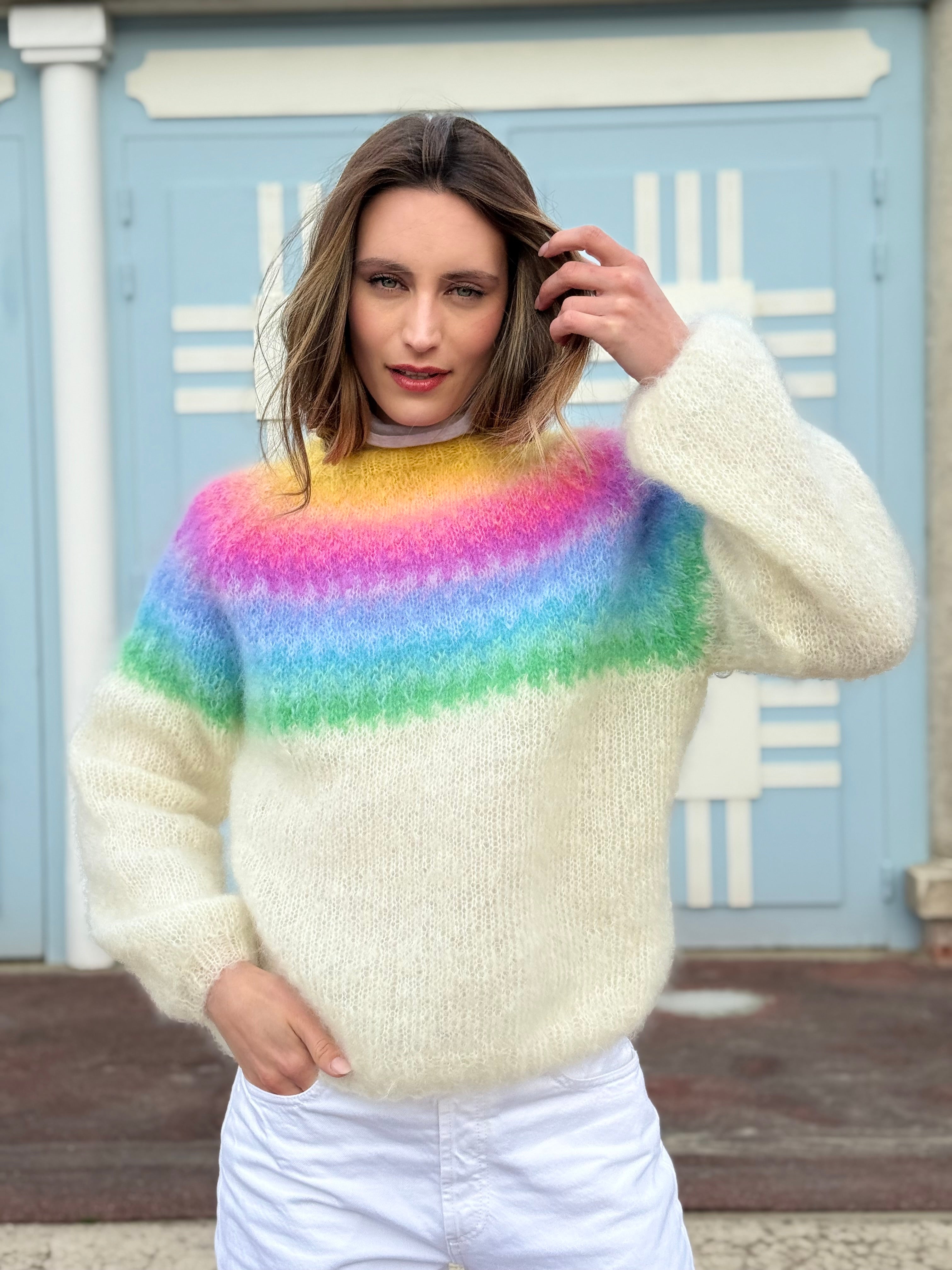 LAVENDER SWEATER W/PASTEL RAINBOW STITCH STRIPE main image 0