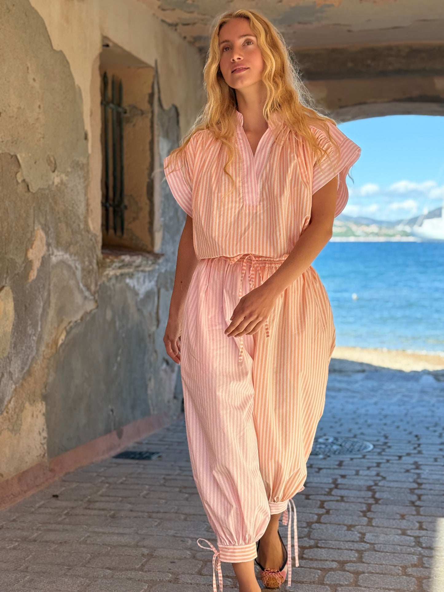 GENIE PANT EXTRA RAYURES ROSE/ABRICOT