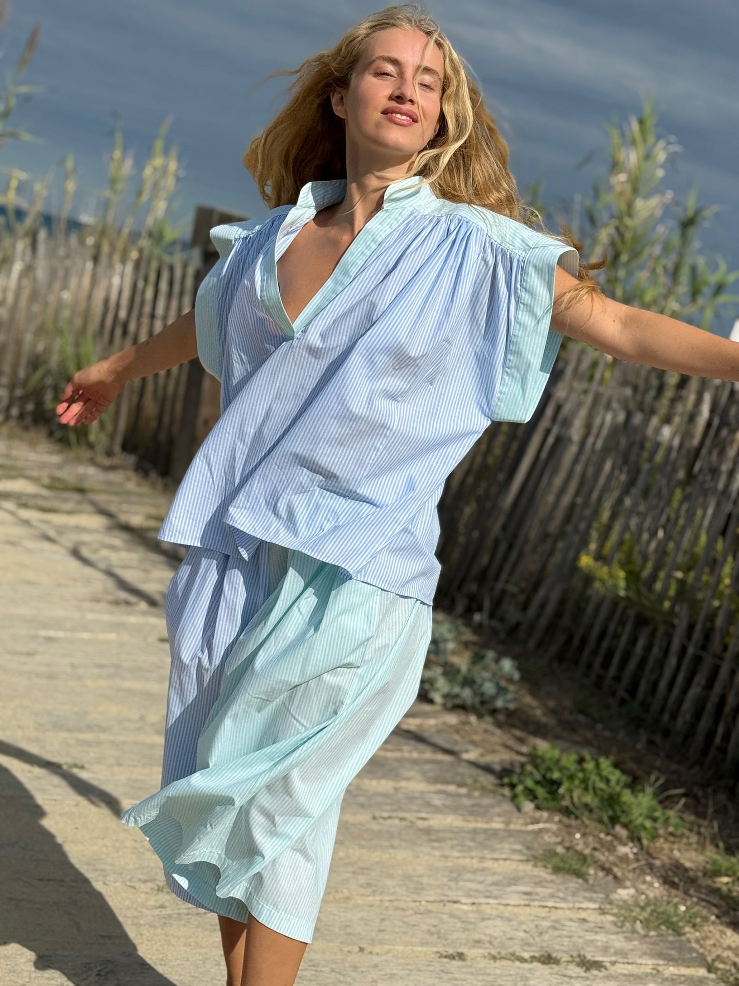 PRETTY BLOUSE RAYURES AQUA/BLEUE