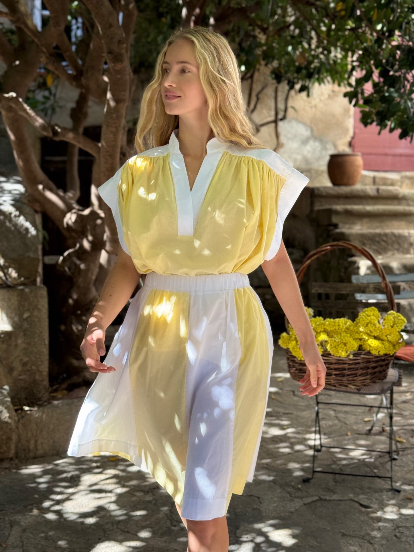 PRETTY BLOUSE VOILE DE COTON JAUNE/BLANCHE