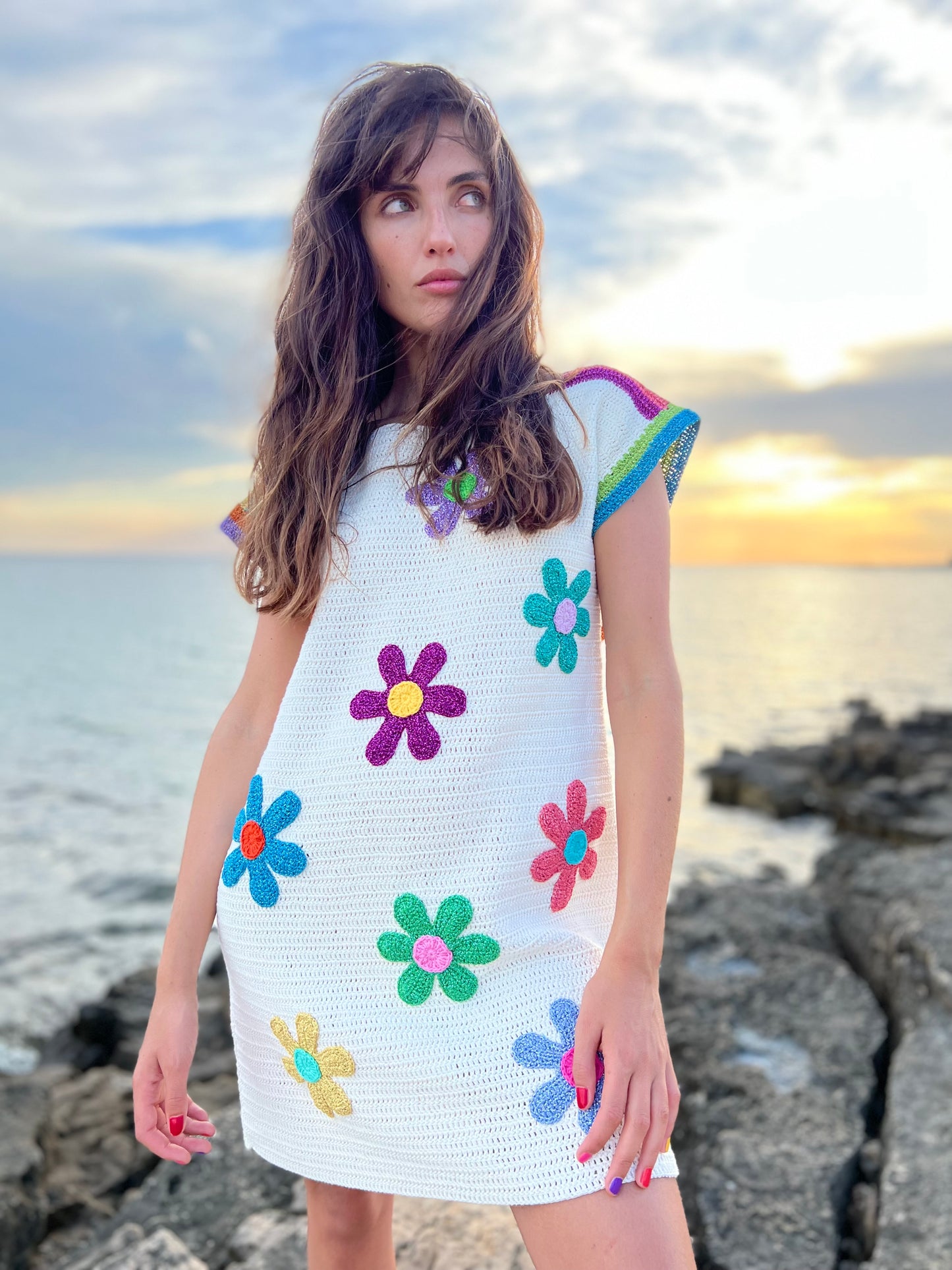 DRESS NO SLEEVES FREE FLOWERS ECRU
