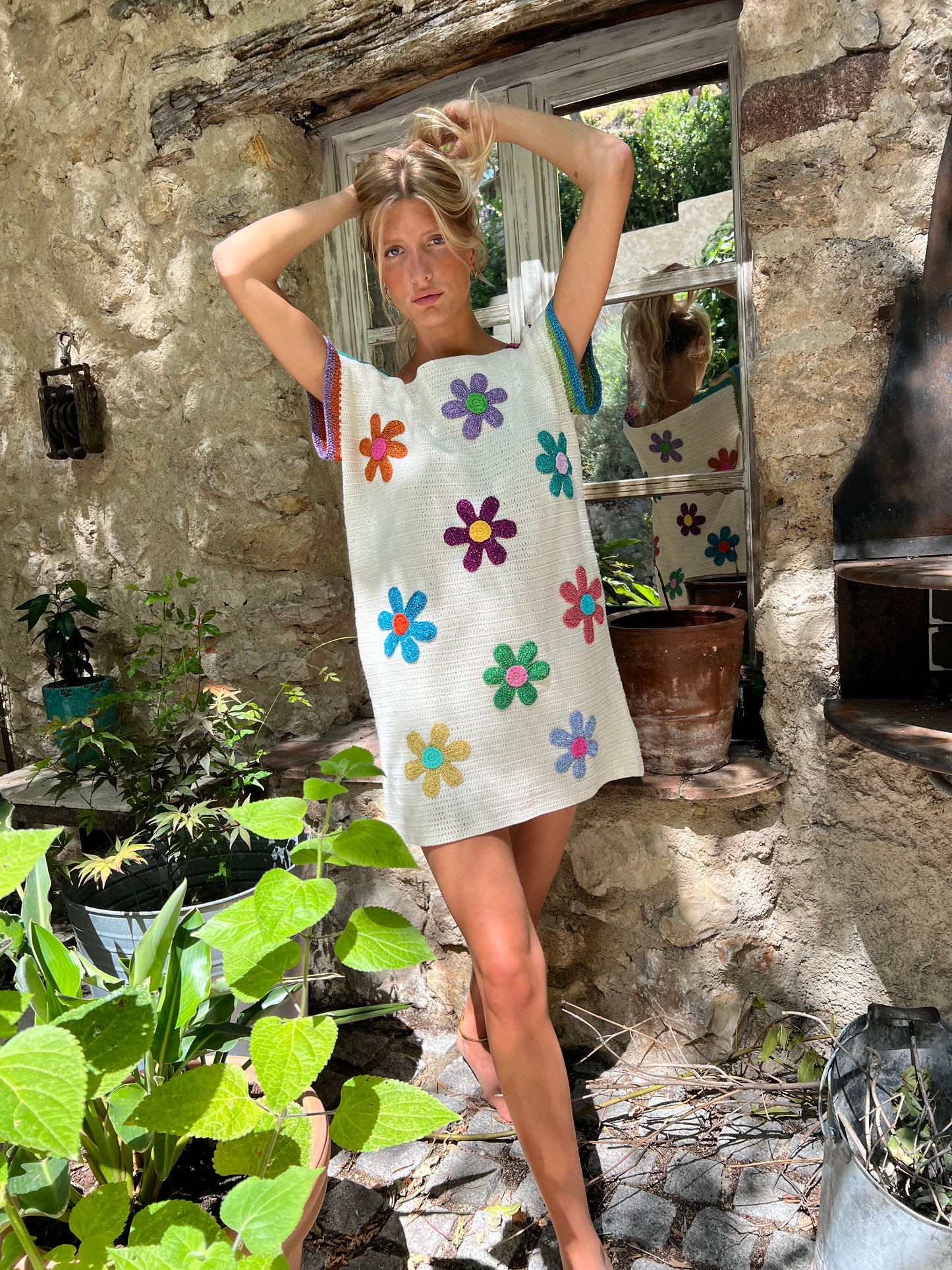 DRESS NO SLEEVES FREE FLOWERS ECRU